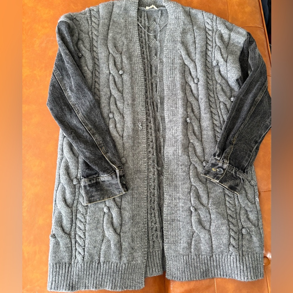Mystree Gray Cable Knit Open Cardigan with Washed Black Sleeves